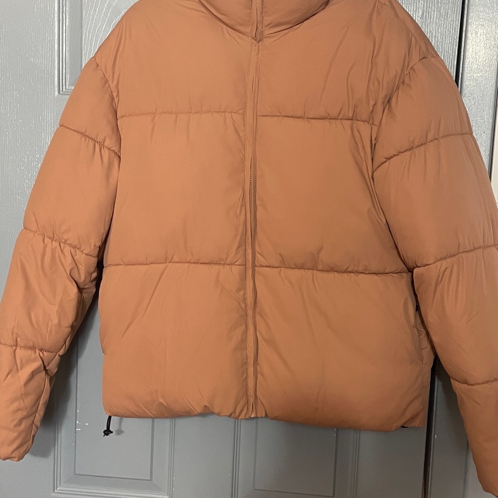 ADPT cropped stand collar puffer jacket in dusky pink